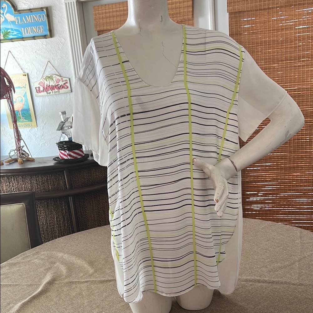 Striped White and Green V-Neck Top